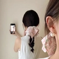 Pink floral fabric hair scrunchie with ribbons for French style ponytail styling - Floral Rabbit Print
