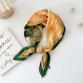Pleated silk scarf in orange and dark green with floral pattern and accordion folds - 70cm / Sunset Lotus