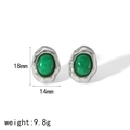 Macro shot of 18mm vintage oval green stone earrings with irregular silver metal edges - Silver Green Agate Style (TE6720-GN-S)