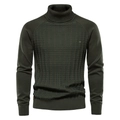 Men's dark green slim fit turtleneck sweater with cable knit texture on white background - Dark Green