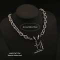 Silver stainless steel double layer cross necklace with black bar on male model - Black Bar Cross Double Layer Style (3#)
