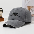 Adjustable grey washed cotton baseball cap with cute black cat embroidery and vintage style - Gray