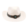 White woven western cowboy hat with brown leather band and turquoise stone details - White