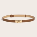 Detail of slim dark brown leather belt featuring a gold rotating lock and Saffiano texture - (Gold Buckle) Cross Pattern Lock Adjustable Belt (Brown)