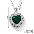 Detailed view of heart pendant with green gemstone and white zircon including size info - Green Gem/Silver Chain (N01130-3)