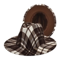 Classic British plaid fedora hat with wide brim and dark brown felt lining detail - M(56-58cm) / Coffee
