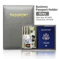 Slim grey PU leather passport cover with PASSPORT embossing and interior card slots - Gray
