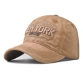 Close-up of vintage washed khaki cotton cap with multi-layer New York 1985 embroidery - Adjustable / Khaki