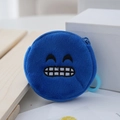 Mini round blue plush coin purse with embroidered grinning face and matching blue clip - Dark Blue