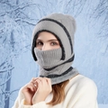 Women winter gray knit hooded neck warmer hat with thermal faux fur lining and earflaps - Gray