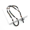Detail of beaded cross necklace with tiger eye and turquoise stones on white stand - African Pine No.1-60cm