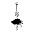 Detailed view of silver navel ring featuring a black cloud and silver waterdrop charms - #4 Black Cloud Raindrop
