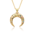 Luxurious gold crescent moon pendant necklace with colorful micro-set zircons and chain - Colorful Rhinestone Moon Style (c642)