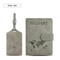 Grey PU leather passport holder and luggage tag set with RFID blocking and map design - Magnetic Grey Travel Set / Gray