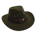 Detail of dark olive western wool hat with studded brown leather band and horseshoe emblem - One Size / Army Green