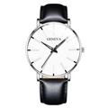 Reloj Geneva con esfera blanca, caja de acero plateada y correa de cuero negro de diseño - Caja Negra Esfera Blanca Aguja Negra Correa Cuero Negra