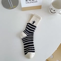 Women's trendy black and white striped crew socks with cute cartoon rabbit embroidery - One Size / Beige and Black Stripes