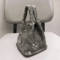 Sparkling silver rhinestone evening bucket bag with metal chain strap and trapezoid shape - Graphite