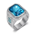 Anello hip-hop da uomo in argento con grande pietra blu rettangolare e incisioni floreali - US 7 / Color Acciaio