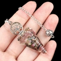 Cone-shaped tree of life pendulum with purple and green gravel resin and silver chain - Tourmaline