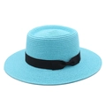Detail of teal straw boater hat featuring fine weave texture and black ribbon bow accent - M (56-58cm) / Lake Blue