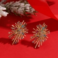 Golden fireworks stud earrings with colorful zircons on a festive red background - Gold Multicolor