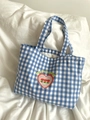 Bolso tote de lona a cuadros azules con estampado de corazón rojo y tulipán - Corazón Tulipán Gingham / Azul claro