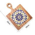 Sottobicchiere in legno con motivo floreale blu e manico, misura 20cm x 14cm - Legno di Bambù Stile 3