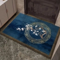 Blue New Chinese style entryway mat with plum blossom and bird pattern and gold border - 60x90cm / New Chinese Entrance Style 011 (Dark Blue Plum & Magpie)