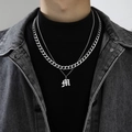 Silver double layer Cuban link necklace with Gothic letter M pendant for men and women - Letter M (Double Chain + Pendant)
