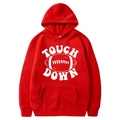 Red American football hoodie with white Touch Down print and cozy kangaroo pocket - S / Tops / Red (TOUCH DOWN Print)