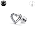 Labret coeur en titane F136 avec zircon cubique et structure filetée interne - Style Cœur Argenté (G23LAP495-S1208950) / 1.2x8mm