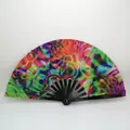 Vibrant colorful folding fan with black frame and abstract neon rainbow pattern fabric - Colorful Psychedelic A7