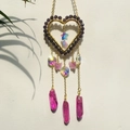 Golden heart suncatcher with purple faceted beads and pink butterfly crystal pendants - Violet + Rose Butterfly + Purple Crystal