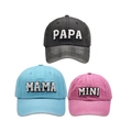 Three cotton baseball caps in black, sky blue, and pink with PAPA, MAMA, MINI embroidery - Family Set (PAPA+MAMA+MINI) / Black/Blue/Pink