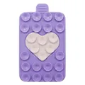 Detail of purple silicone phone suction pad with white heart design and dual suction cups - Purple + Pink