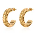 Golden 18K stainless steel beaded C-shaped hoop earrings with textured surface - Gold (MS-127)