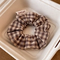 Brown plaid lace scrunchie featuring a Sweety girl tag for girls' ponytails - Coffee Plaid With Brand Label