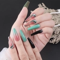 Long ballerina press-on nails with emerald green gradient and black glossy finish - CBLCY-K06 Pink Green Gradient Lines