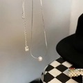 Minimalist silver pearl necklace with square zircon charm on adjustable chain - Single Pearl Box Chain (XL1606)