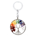 Detailed Tree of Life keychain with silver wire weaving and colorful rainbow gemstones - 7 Chakra Stones Round Scattered