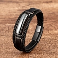 Multilayer braided leather bracelet with geometric stone inlay and magnetic steel clasp - 19cm / Black Leather With Metal Nameplate Decor