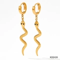 Golden snake drop earrings with realistic scale texture and black stone eyes - Gold Snake Scale Textured Drop Earrings (KDE426)