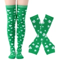 Detail of green knee-high socks featuring white shamrock patterns for St. Patrick's Day - Gloves And Socks / Large And Small Leaves Green Style (1#)