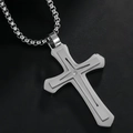 Double-layered silver cross pendant with crystals on a long titanium steel chain - Steel