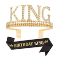 Ensemble couronne dorée KING en strass et écharpe noire BIRTHDAY KING pour homme - Style peigne Or strass blanc + Tissu pailleté noir texte doré