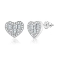 Silver-plated heart stud earrings with baguette and pavé cubic zirconia screw-back design - Silver (OHE130-1 White Gold)