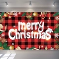 Macro view of Christmas banner with red buffalo plaid pattern and gold ornaments - 150*100CM Buffalo Plaid/3D Merry Christmas
