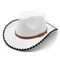 White felt western cowboy hat with black scalloped edge and brown stitched band decoration - M(56-58cm) / White