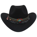 Detail view of ethnic beaded hatband with turquoise stones and pink tassels on wool cowboy hat - One Size / Black